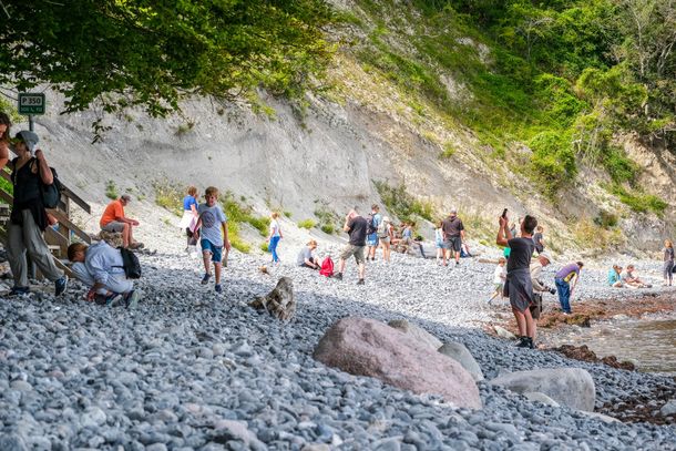 Folk hviler på en klippefyldt strand under en grøn bjergskråning med bølger og småsten i forgrunden
