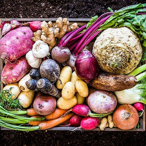 A wooden box filled with a variety of vegetables.