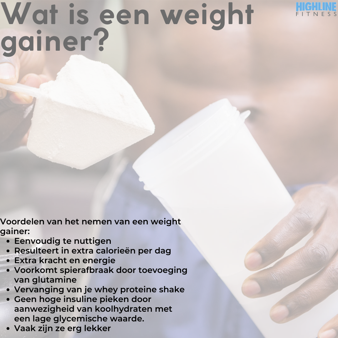 Een foto van een persoon die een eiwitshake drinkt met het onderschrift wat is een gewichtstoename