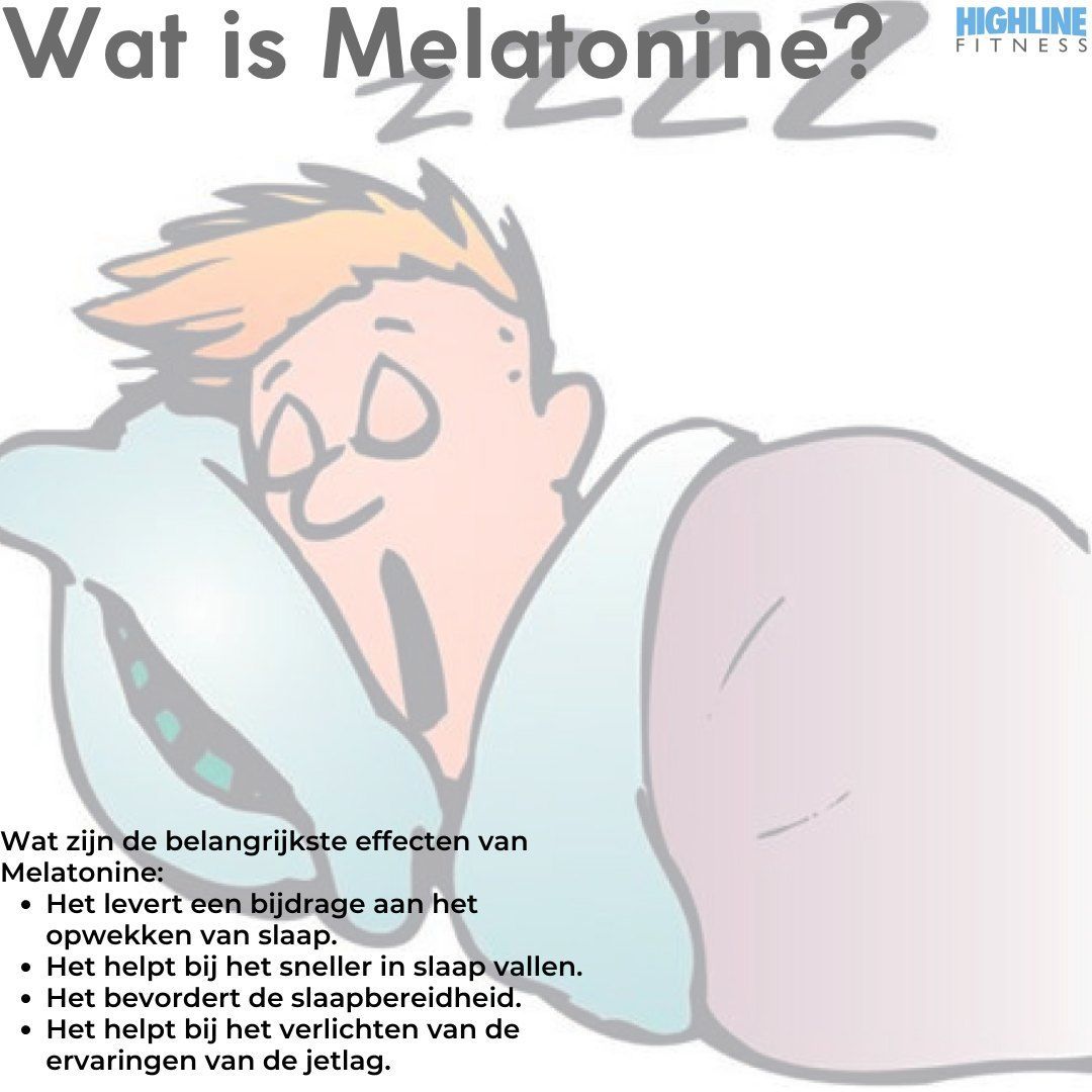 Een cartoon van een man die slaapt met de woorden wat is melatonine