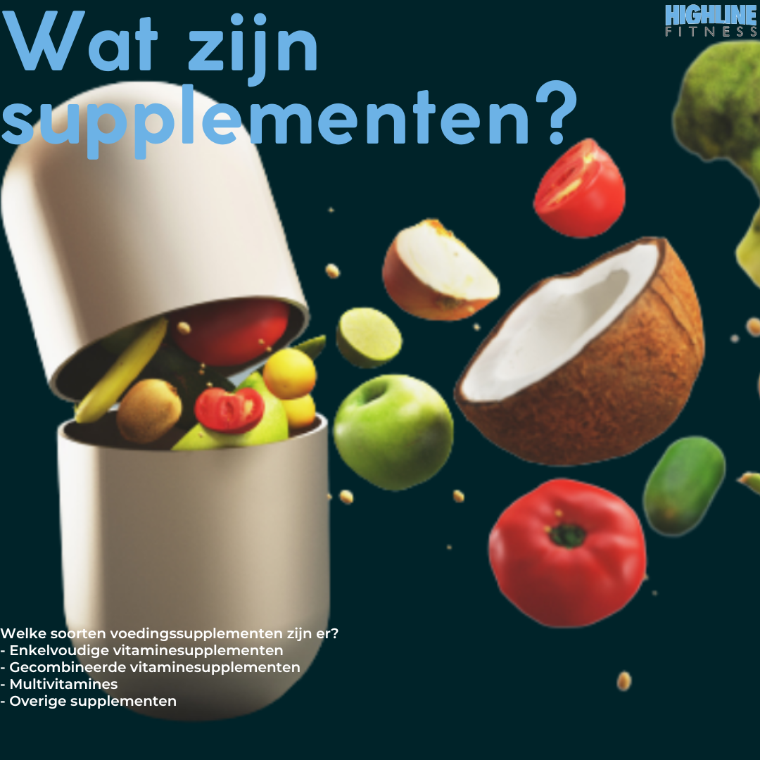 An advertisement for wat zijn supplementen shows a capsule filled with fruit
