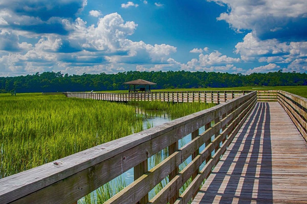 A wooden walkway leading to a gazebo in the middle of a swamp.