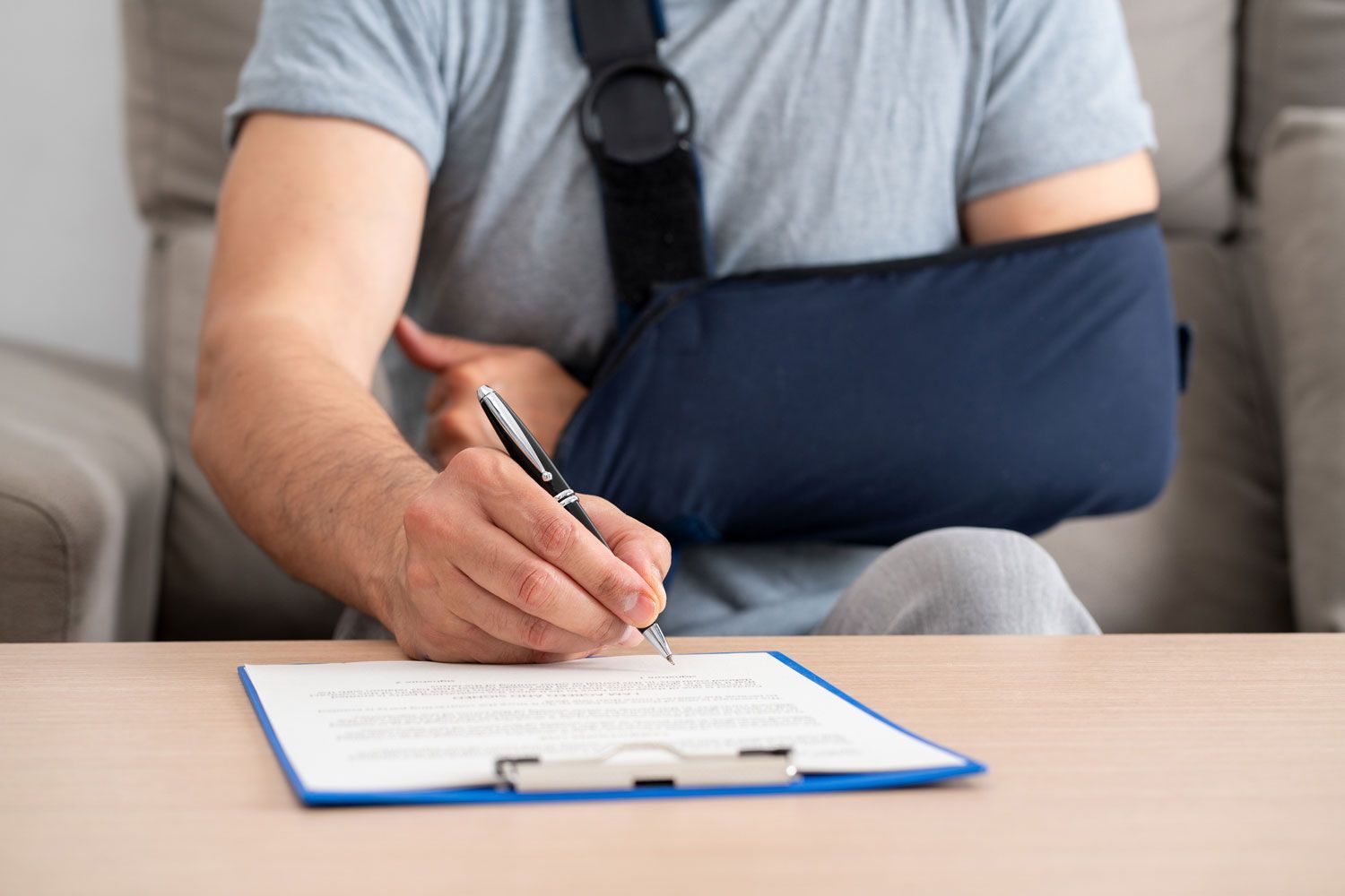 A man with a broken arm is writing on a clipboard.