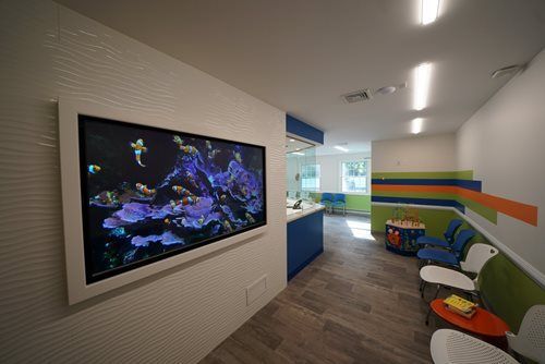Modern clinic waiting area with wall aquarium display, colorful bench, and striped wall accents