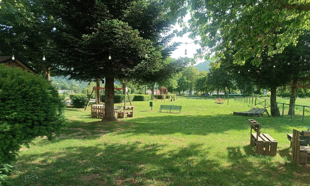 Parco ombreggiato con prato verde, alberi, panchine e tavoli da picnic in una zona soleggiata e aperta.