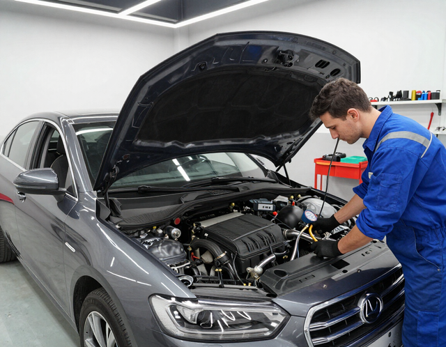 Mechanic in blue overalls inspecting engine of a gray sedan in a garage