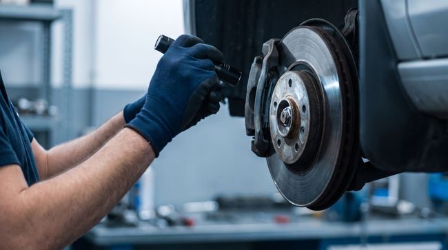 Mechanic in blue gloves working on a car’s exposed brake rotor in a garage