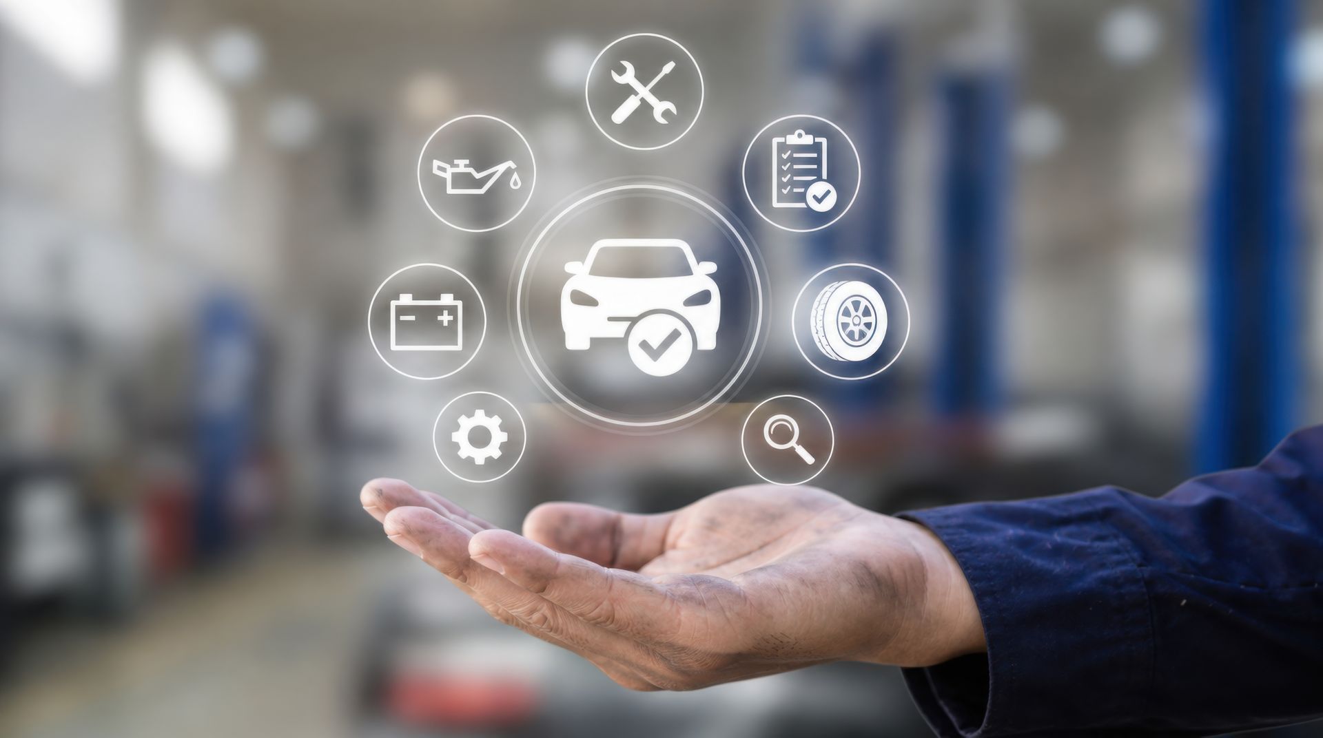 Hand holding a glowing digital supply chain icon with connected logistics symbols in a warehouse
