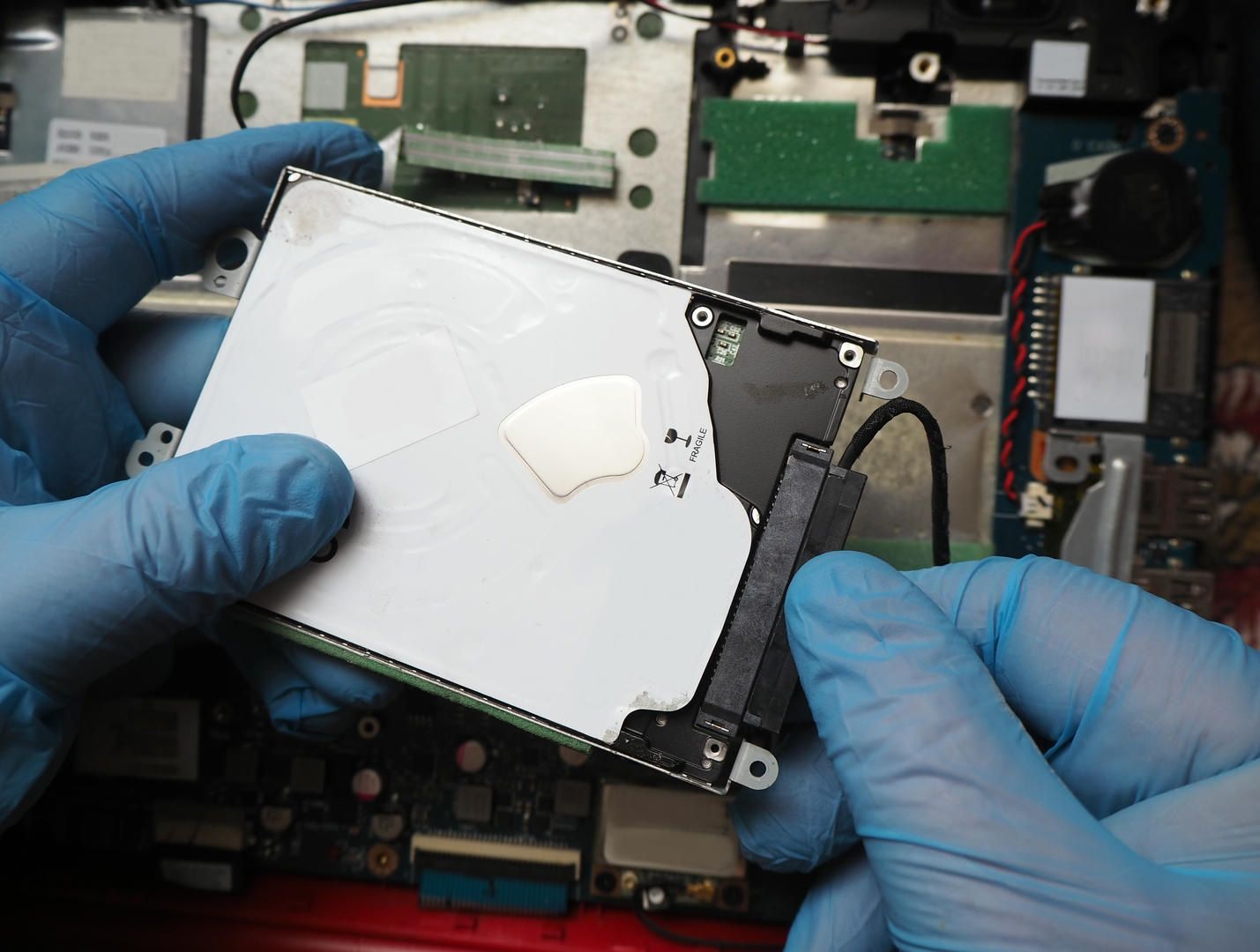 Hands in blue gloves holding a hard drive with connector, inside a laptop.