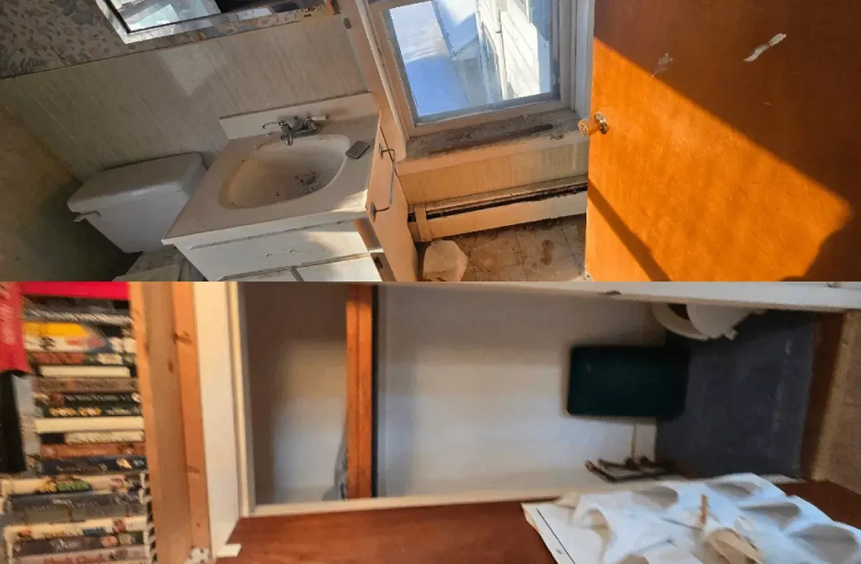 Rotated collage of a bathroom sink and mirror above a bedroom with a bed and TV