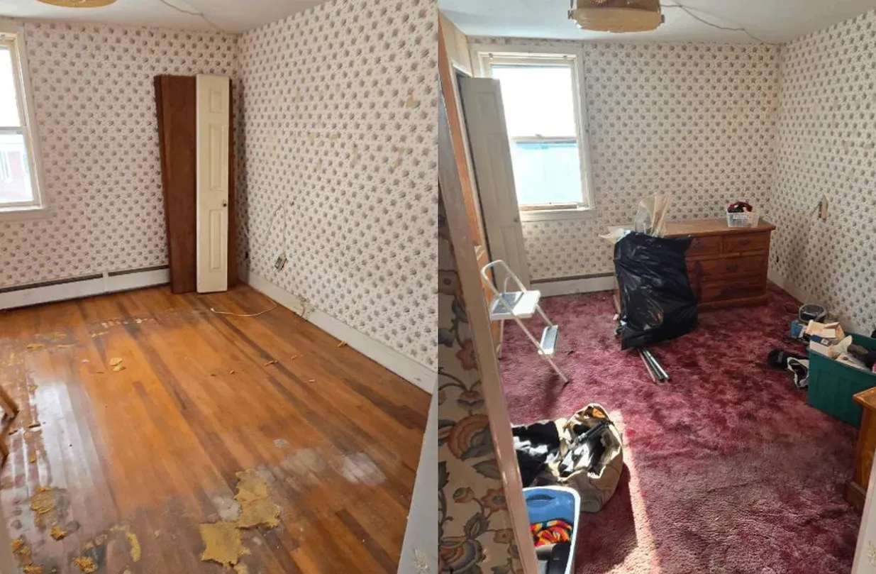 Messy bedroom with wood floor, pink carpet, scattered clothes, dresser, and mirrored panel leaning against wall