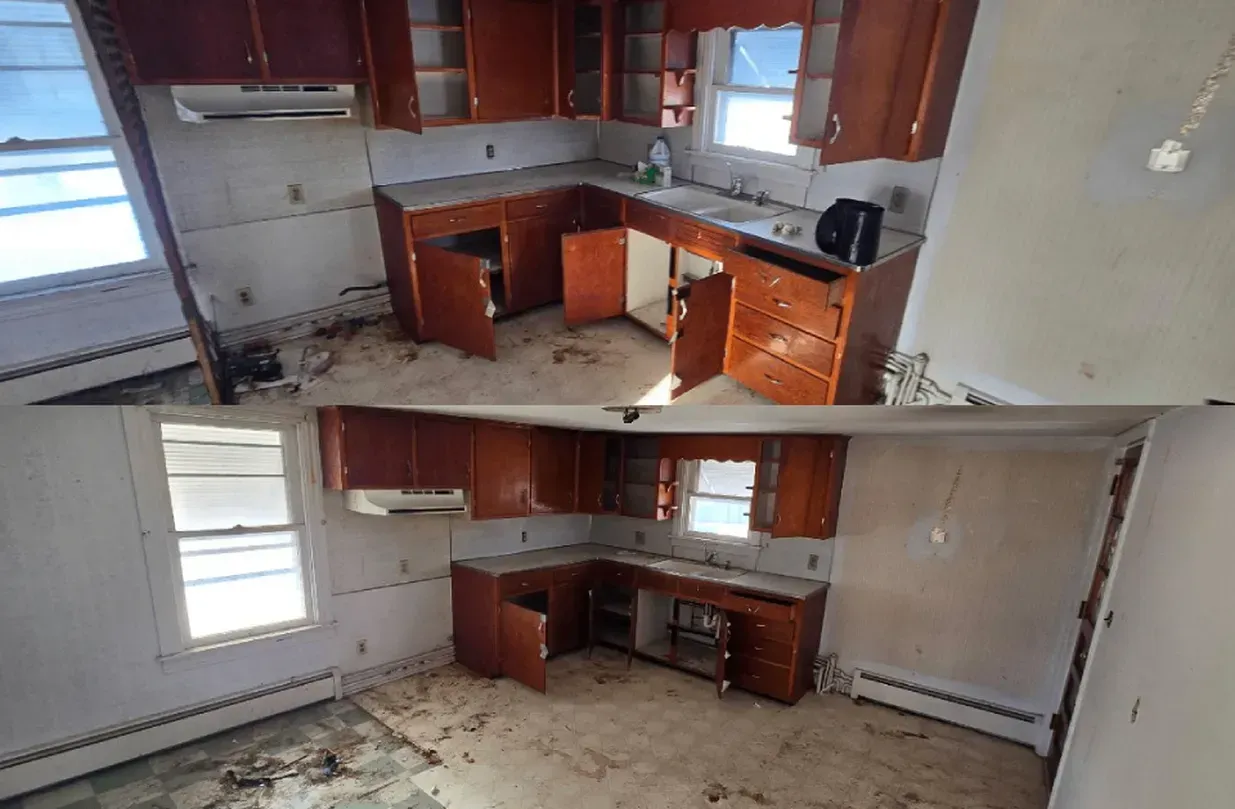 Before-and-after view of a damaged kitchen with missing cabinets, exposed counters, and debris on the floor.