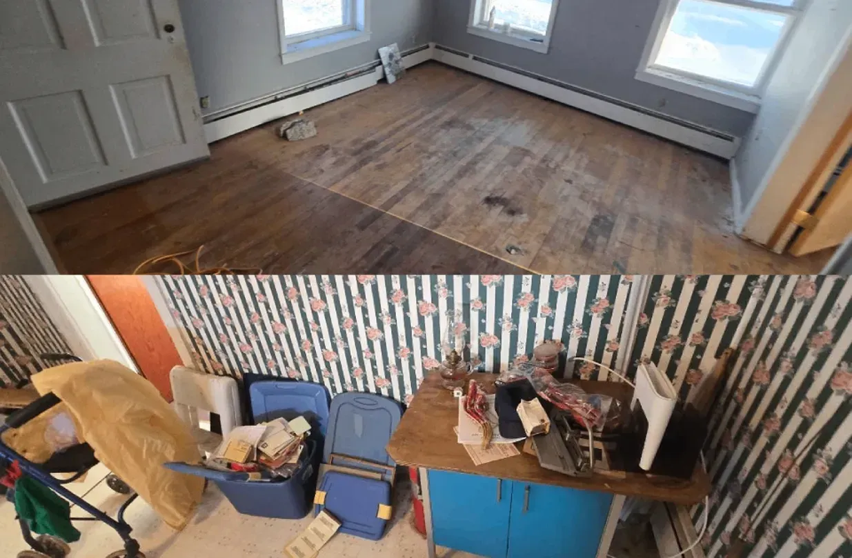 Two-room interior: empty hardwood room above, cluttered workspace with chairs and tools below.