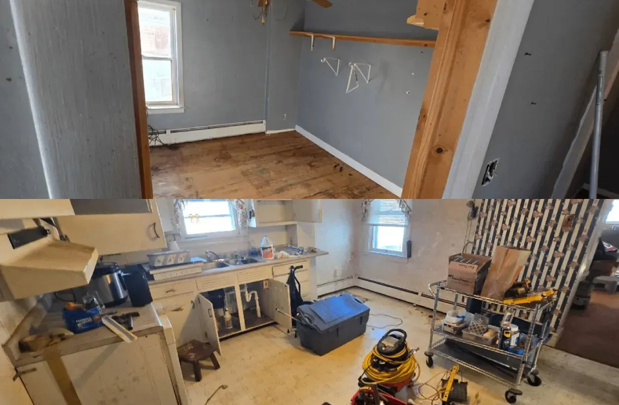 Two views of an empty room under renovation, with gray walls, exposed wood floors, and tools and materials scattered around.