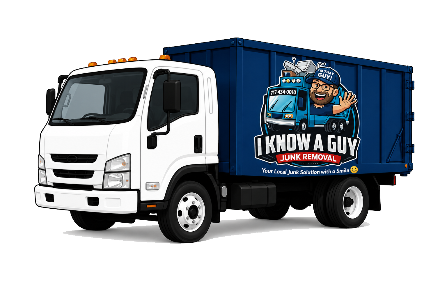 White box truck with blue cargo side panel advertising “I Know a Guy” with a cartoon mechanic.