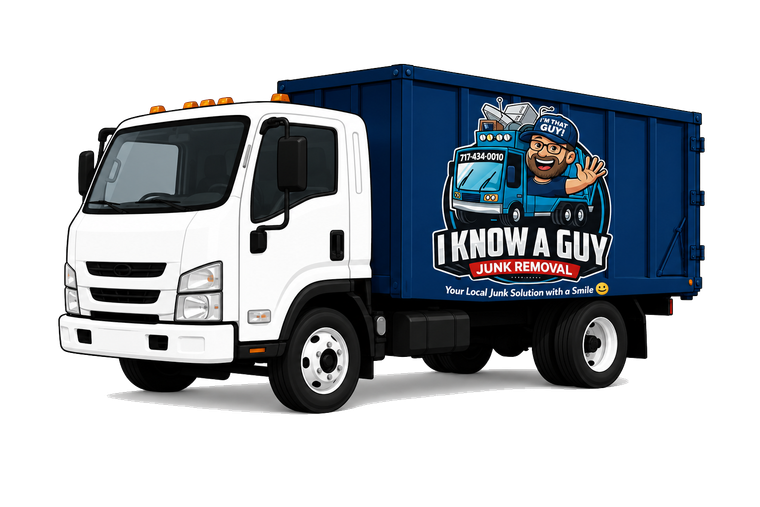 White box truck with blue cargo side panel advertising “I Know a Guy” with a cartoon mechanic.