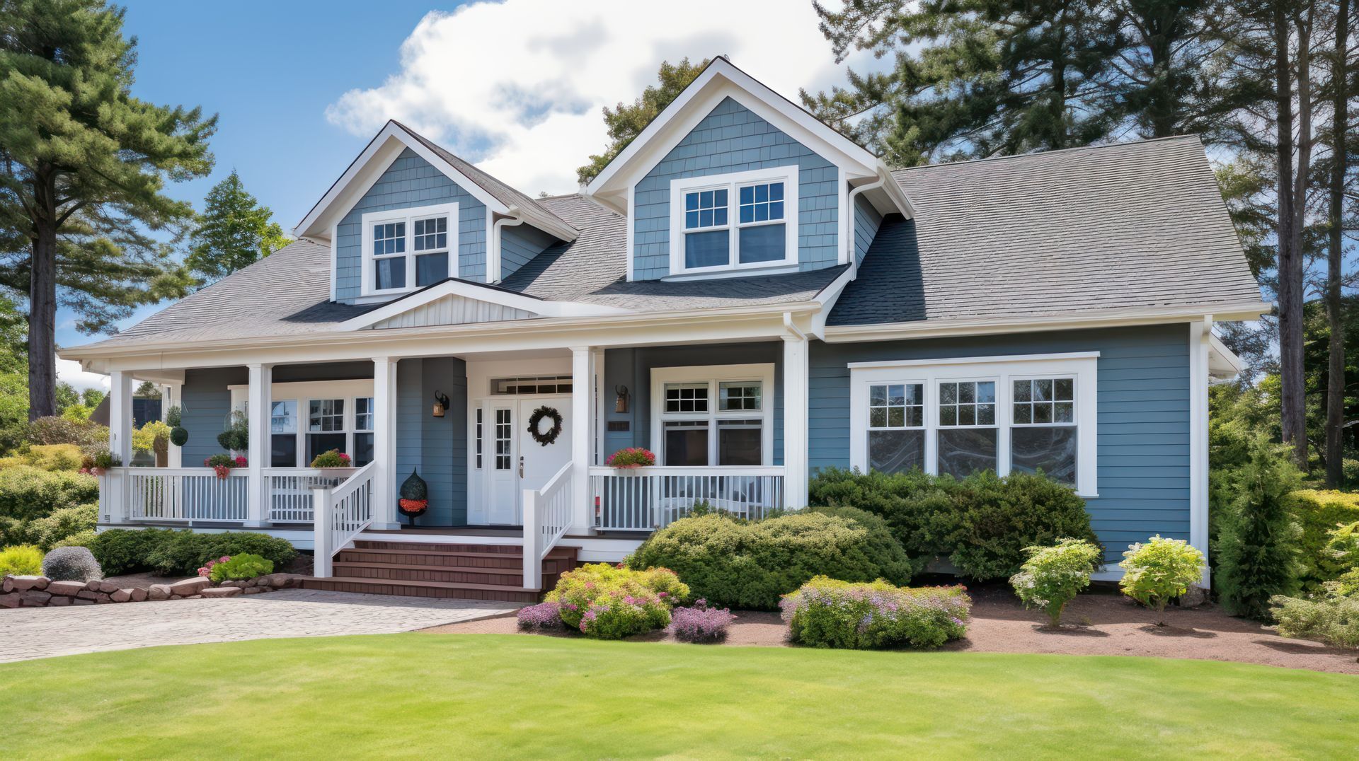 Charming blue craftsman-style home with a covered porch and beautifully landscaped yard.