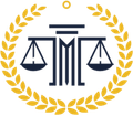 A dark blue scale of justice integrated with a central pillar, surrounded by a golden laurel wreath on a white background.