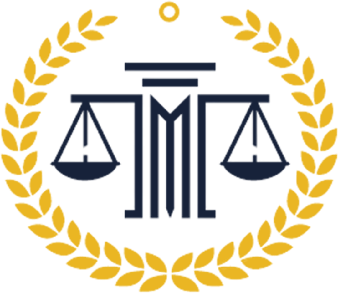 A dark blue scale of justice integrated with a central pillar, surrounded by a golden laurel wreath on a white background.