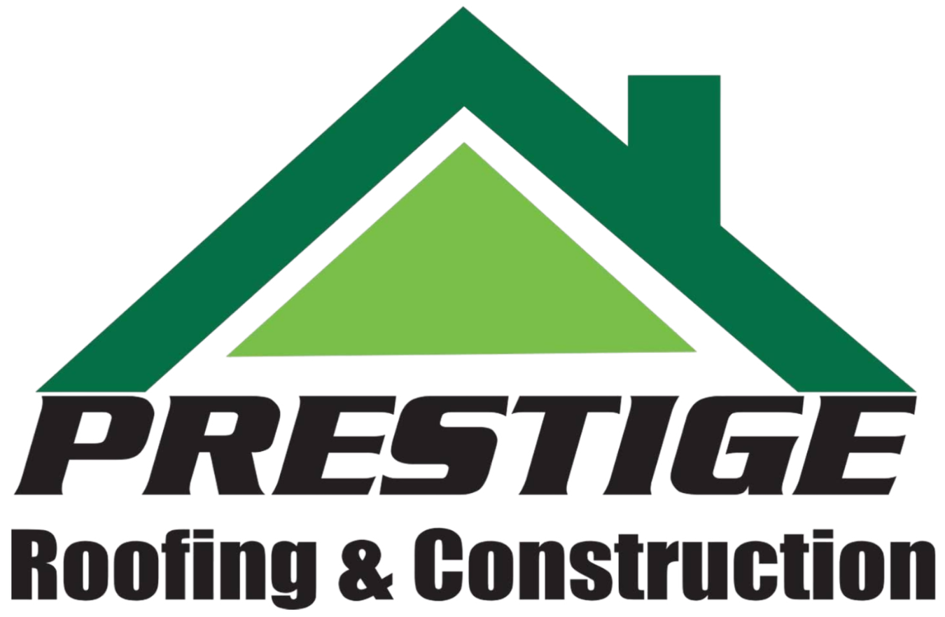 Prestige Roofing & Construction logo with green roof icon and black text