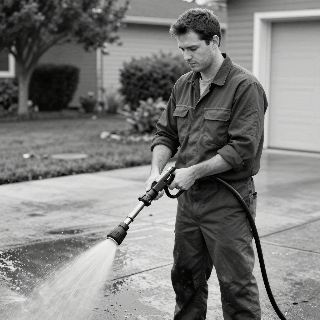 Man using a hose to spray water across a driveway in front of a house