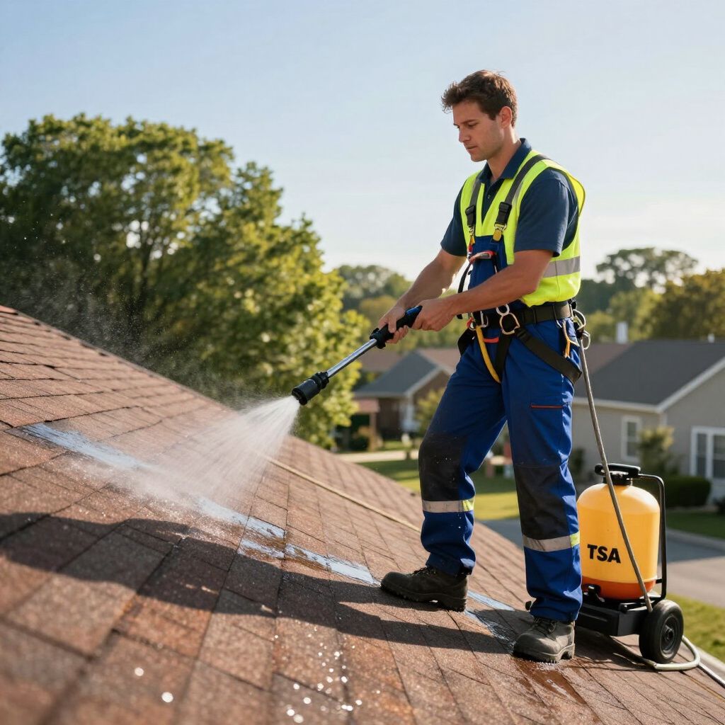 Worker in safety harness pressure-washing a shingled roof from a rooftop sprayer setup