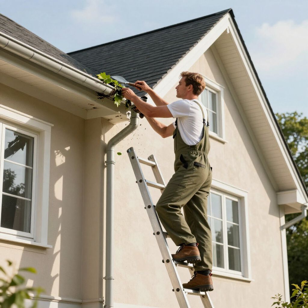 Worker on a ladder cleaning gutters on a beige house with a dark roof