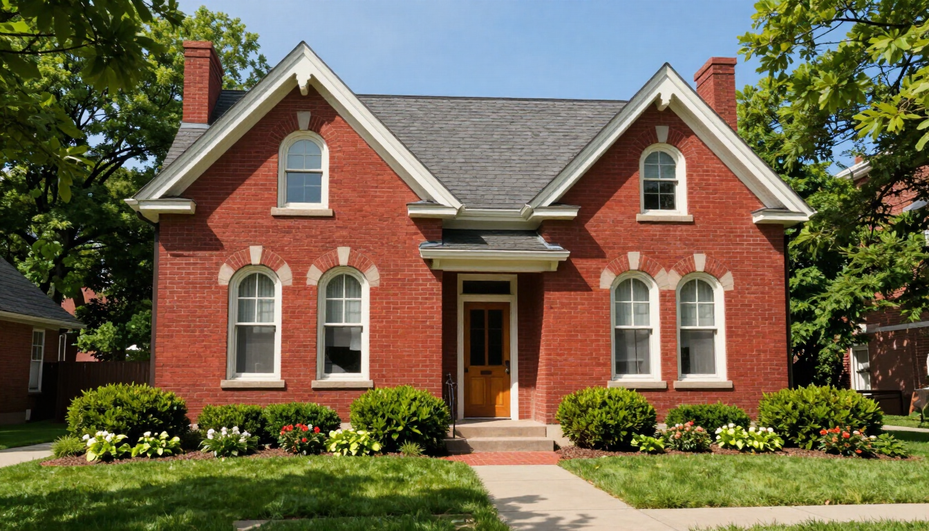 Red brick house with white trim, gabled roof, front porch, and neatly landscaped front yard