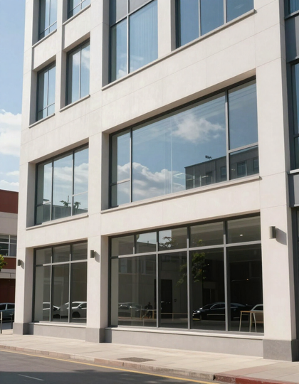 Modern office building with large glass windows and ground-floor storefront on a sunny street