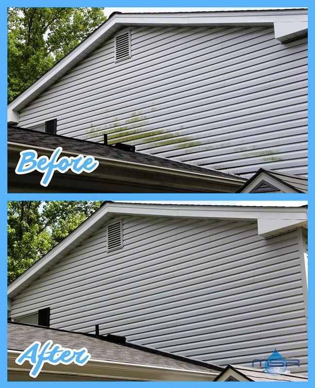 Before-and-after of a house gable with gray vinyl siding and repaired trim, showing improved exterior finish.