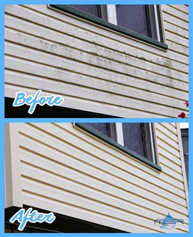 Before-and-after of a house exterior with dirty siding cleaned to a brighter white.