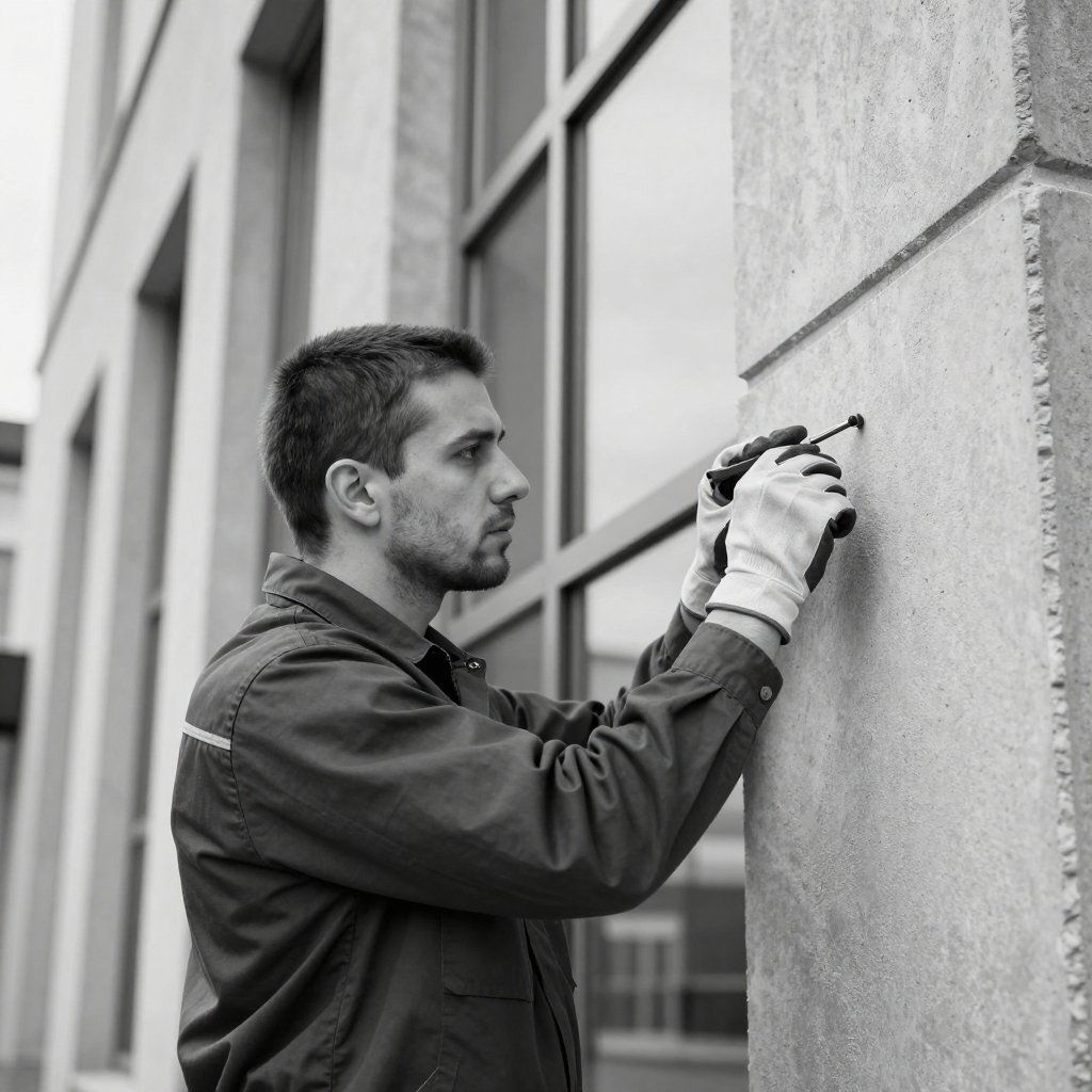 Worker in gloves using a tool to mark a stone wall beside a window.
