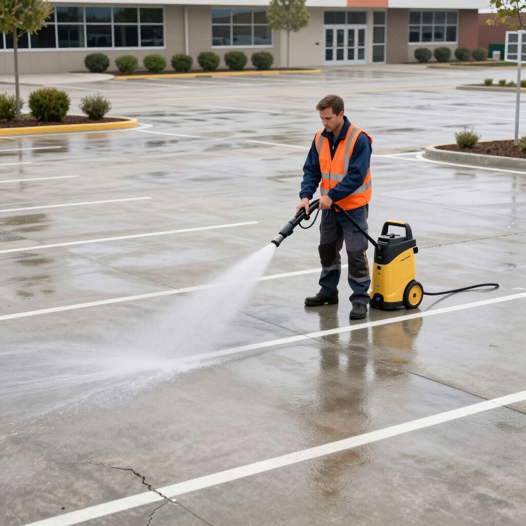 Worker pressure-washing a wet parking lot beside a yellow cleaning machine