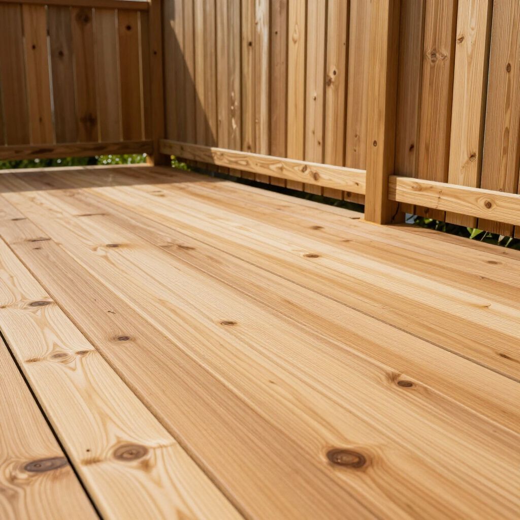 Wooden deck beside a vertical plank fence in a sunlit outdoor patio area