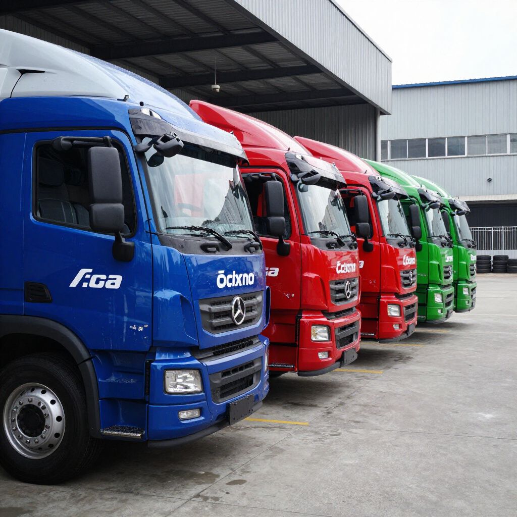 Row of colorful cargo trucks parked beside a warehouse, front blue truck closest to camera