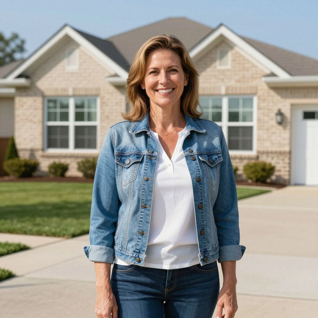 Woman standing in front of a suburban house, wearing a denim jacket and smiling.