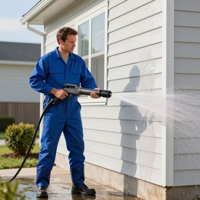 Worker in blue coveralls pressure-washing a white house exterior on a sunny day