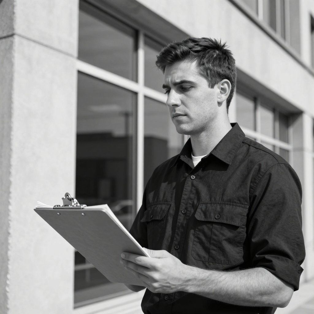 Man in a dark shirt reading a clipboard outside a building.