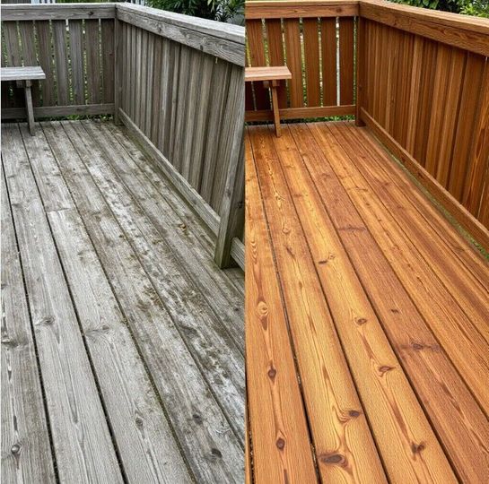 Comparison of a wooden deck before and after staining; weathered grey on the left, stained warm brown on the right.