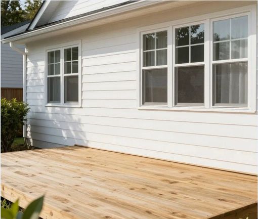 Wooden deck next to a white house with multiple windows.