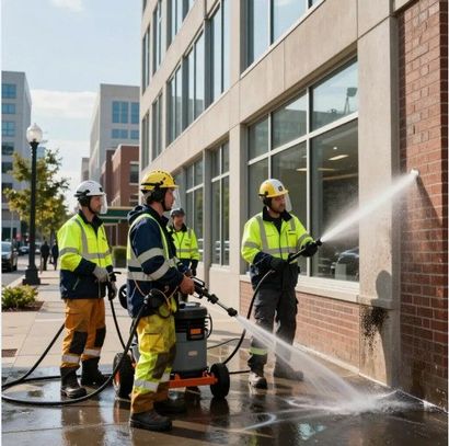 Four workers in safety vests and helmets pressure washing a brick building facade.