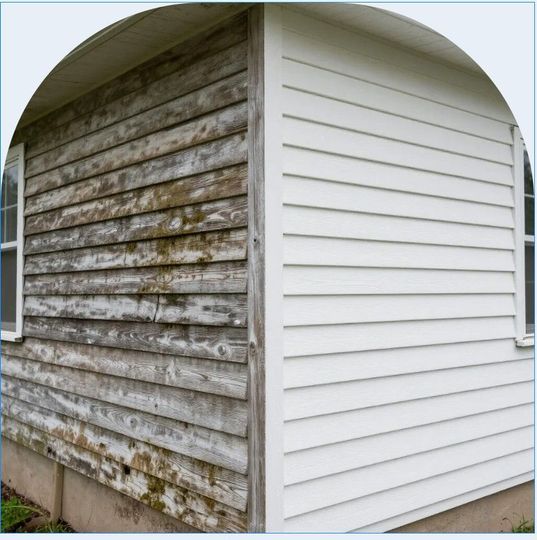 Half-cleaned house siding: one side weathered and dirty, other side white and clean.