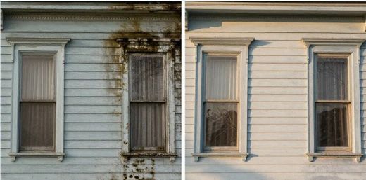 Before and after comparison of a house facade: dirty vs. clean. The house is light blue with stone foundation.
