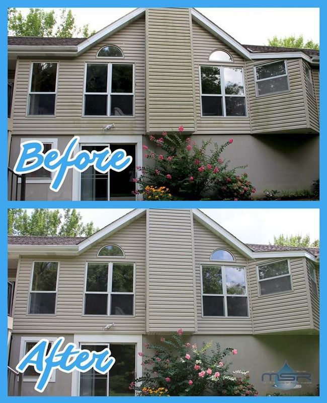 Before-and-after comparison of a house exterior with refreshed siding and windows, labeled “Before” and “After.”