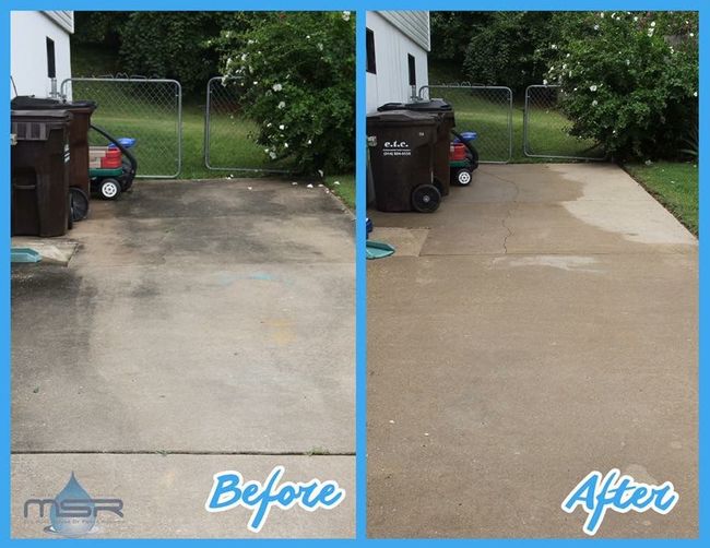 Driveway before-and-after: left stained concrete, right cleaned tan surface, with trash bins and gate.