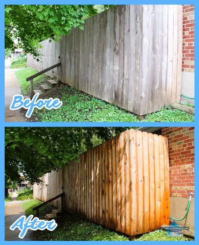 Before-and-after of a weathered wooden fence turned into a fresh stained corner fence beside a brick wall.