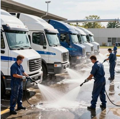 Workers in blue coveralls washing a line of semi-trucks with pressure washers outdoors.