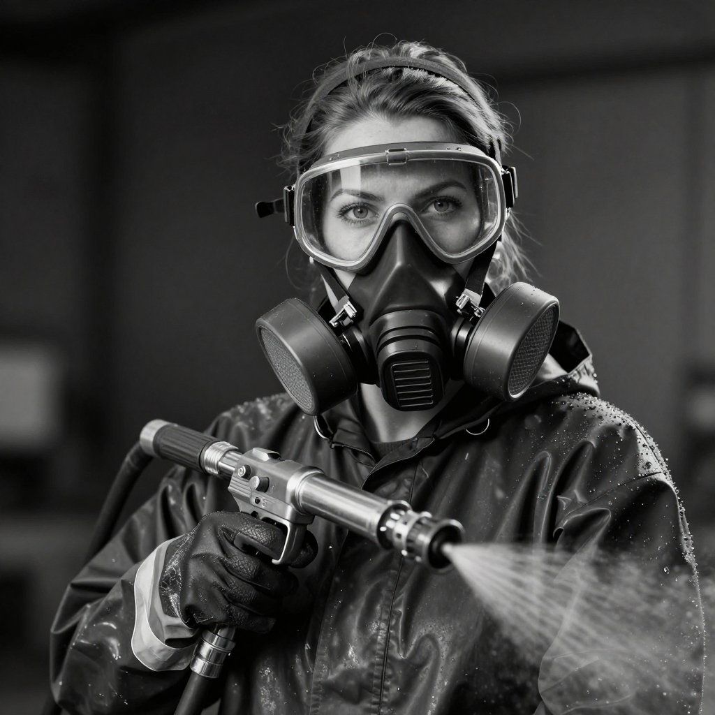 Worker in respirator and goggles spraying a surface with a pressure washer in a black-and-white scene