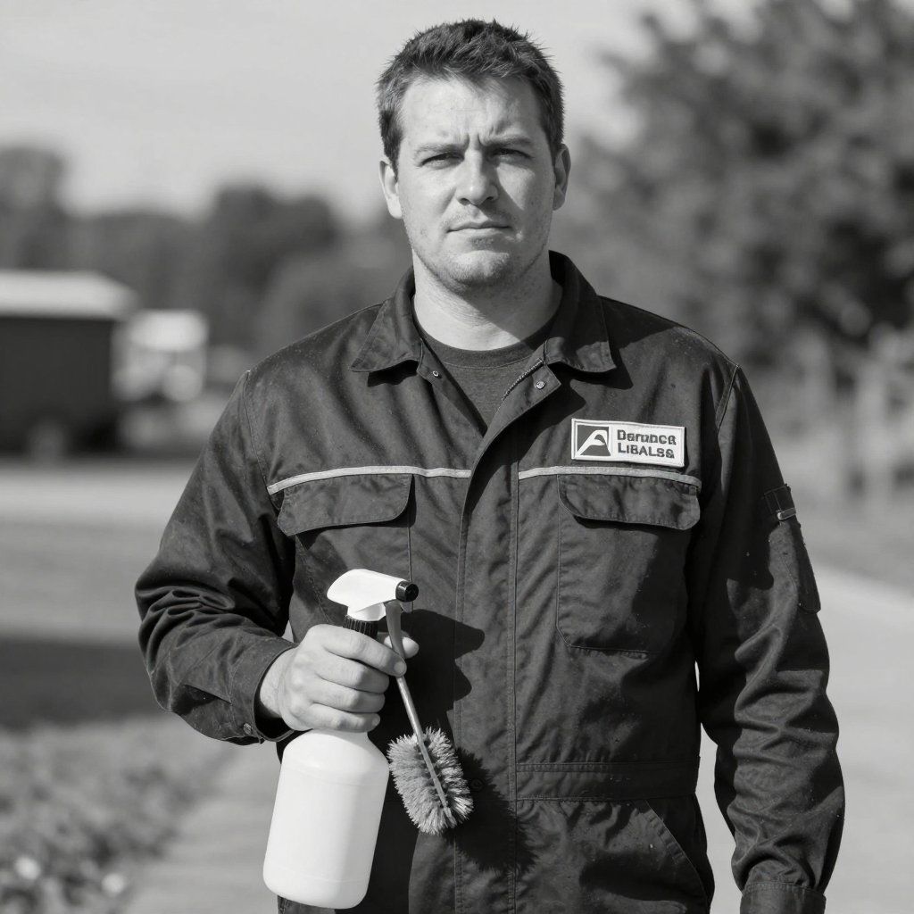 Worker in dark uniform holding a spray bottle and brush outdoors in a field