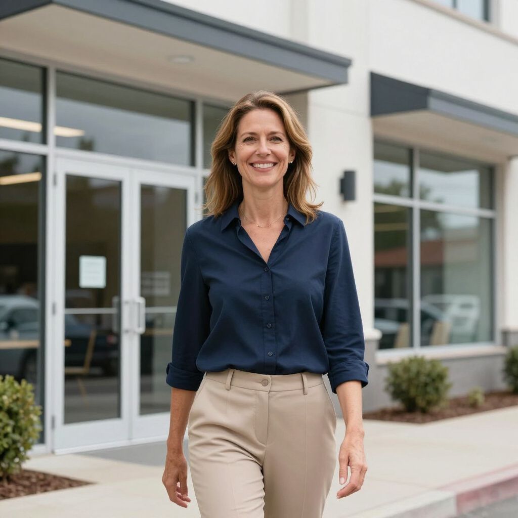 Woman smiling outside a modern office building, wearing a navy blouse and beige pants